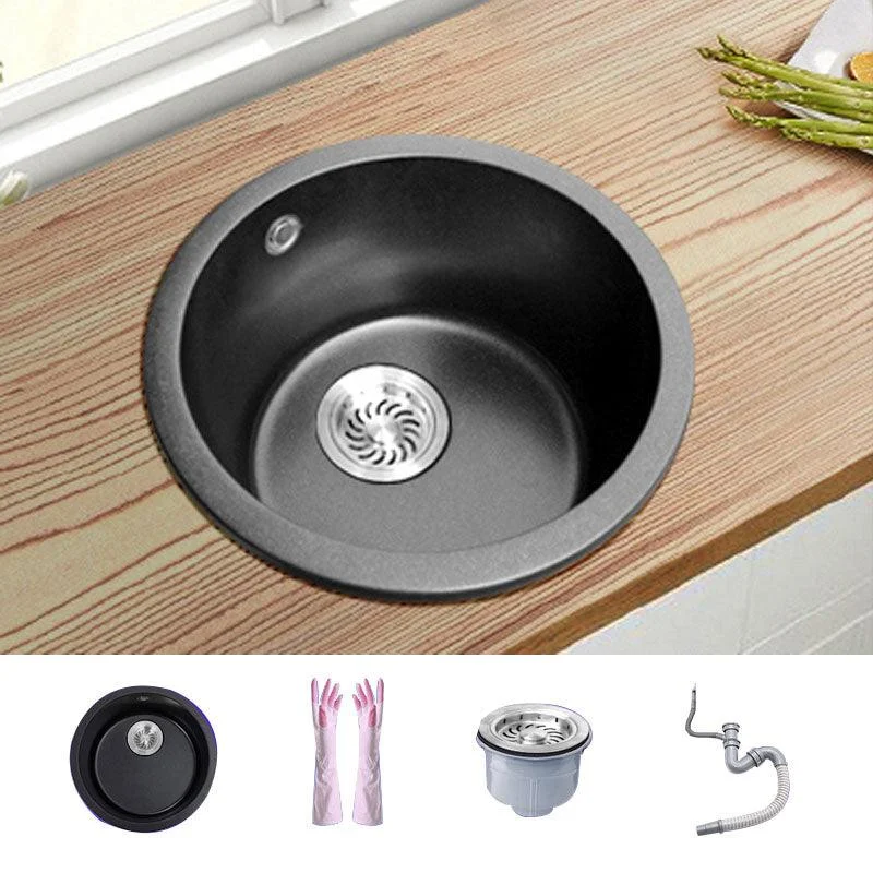 Round Granite Kitchen Sink in Black with Drain Assembly Undermount Sink -Bathlova