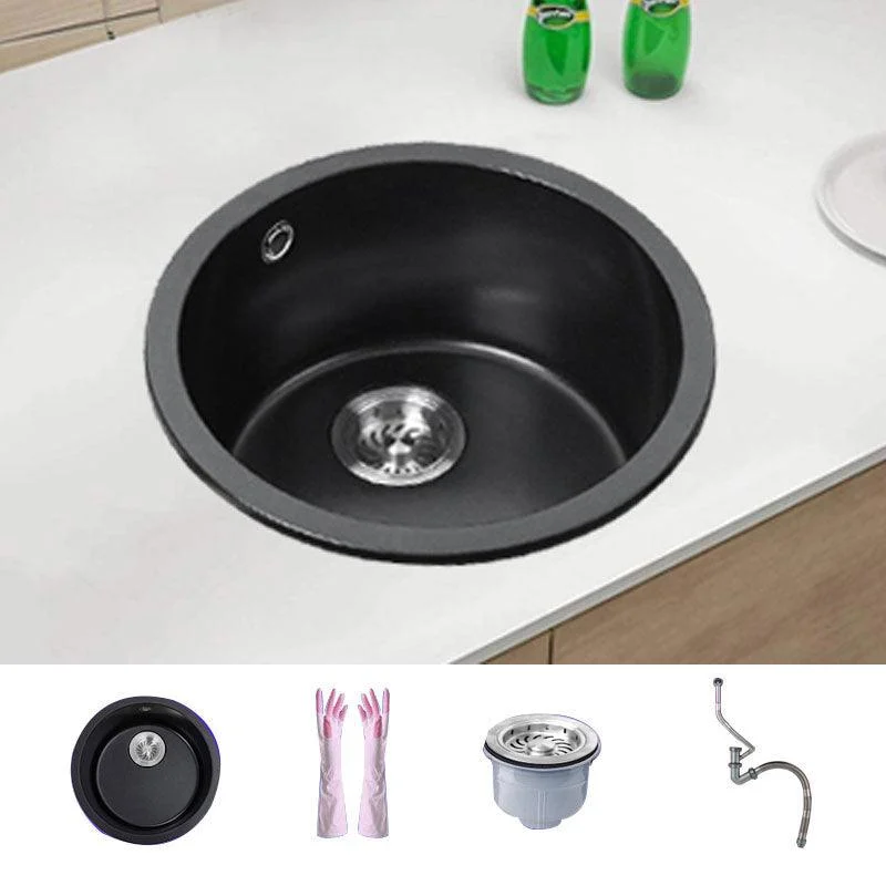 Round Granite Kitchen Sink in Black with Drain Assembly Undermount Sink -Bathlova