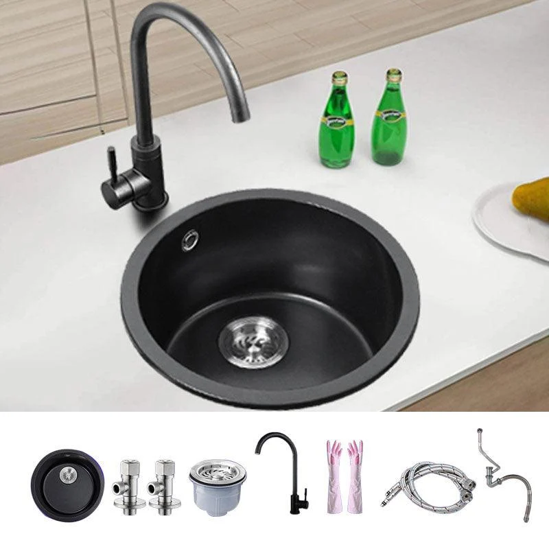 Round Granite Kitchen Sink in Black with Drain Assembly Undermount Sink -Bathlova