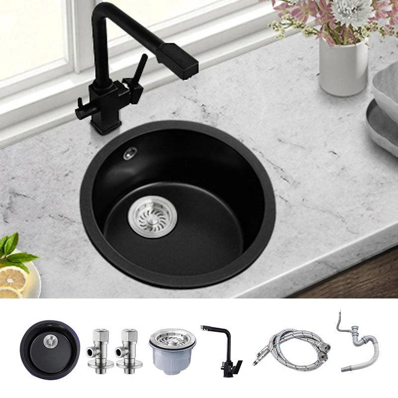 Round Granite Kitchen Sink in Black with Drain Assembly Undermount Sink -Bathlova