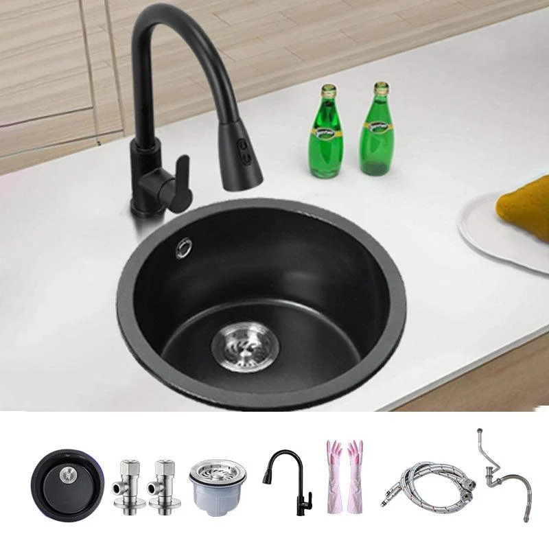 Round Granite Kitchen Sink in Black with Drain Assembly Undermount Sink -Bathlova