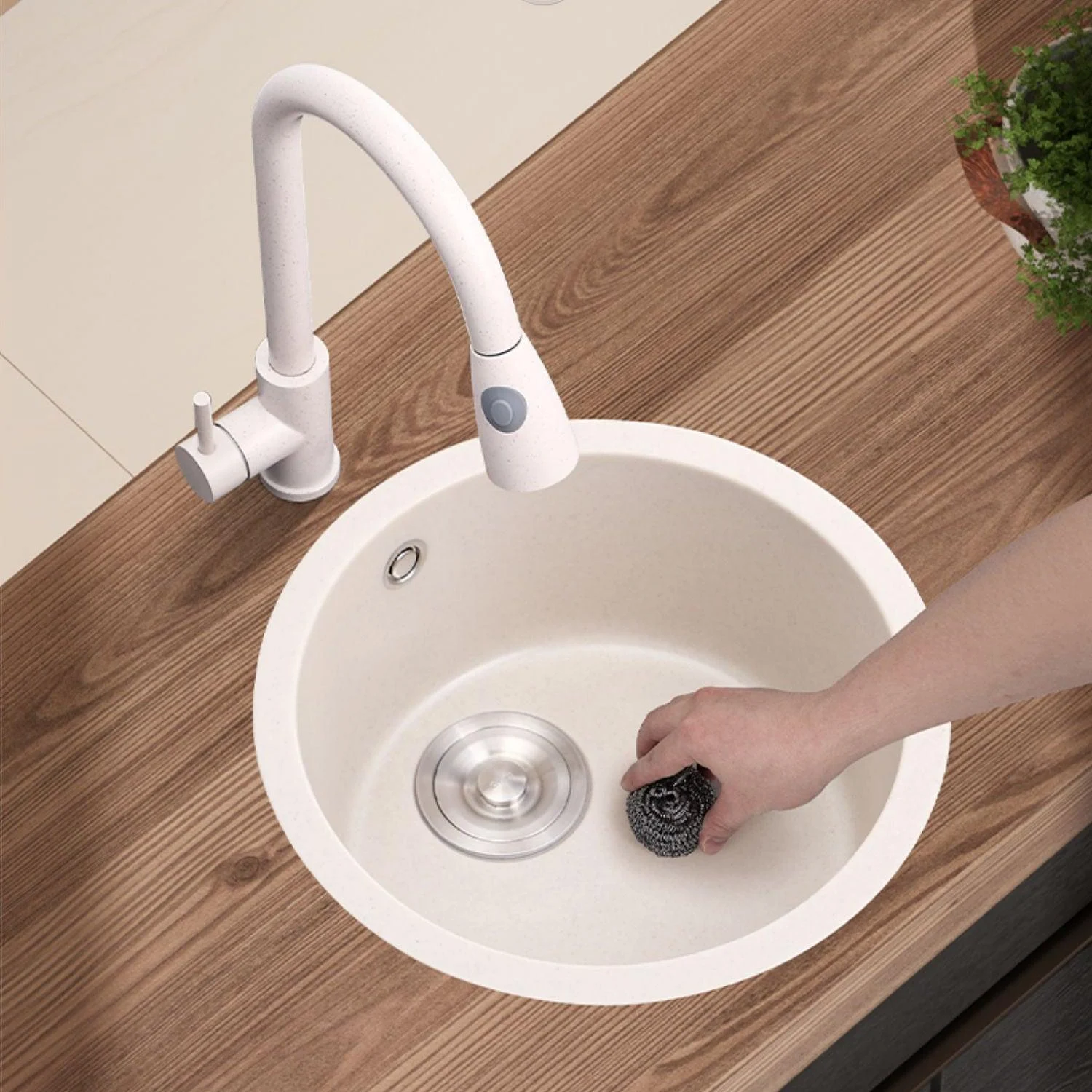 Round Kitchen Sink Quartz Single Bowl Kitchen Sink with Drain Assembly -Bathlova