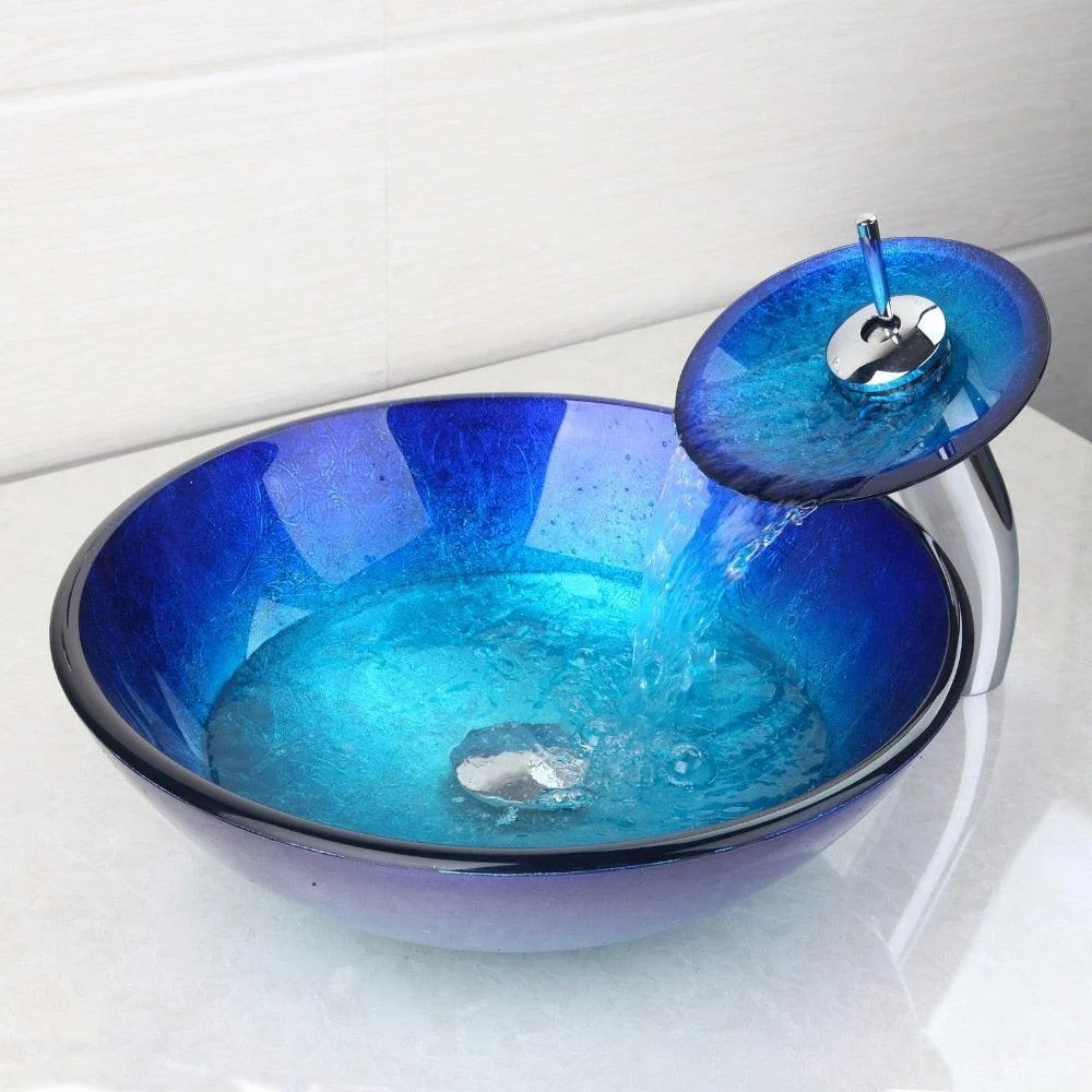 Round Tempered Glass Oval Wash Basin Sink Combo Set Pop Up Sink Drain -Bathlova