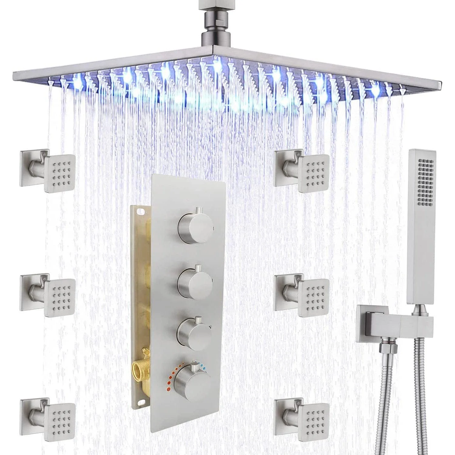 Shower System Ceiling Mounted Massage Jets Square Rain Shower Head Shower Trim -Bathlova