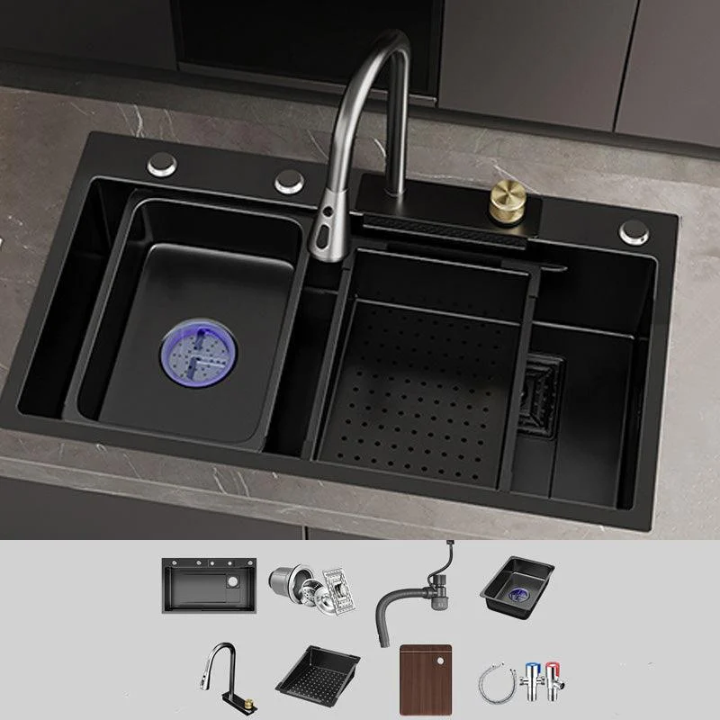 Single Bowl Kitchen Sink Black Stainless Steel Top Mount 3 Holes Sink with Strainer -Bathlova