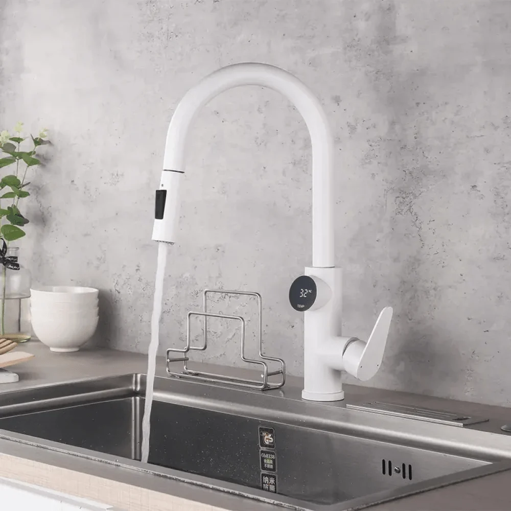 Single Handle White Kitchen Tap With Pull Down Sprayer & Temperature Display -Bathlova