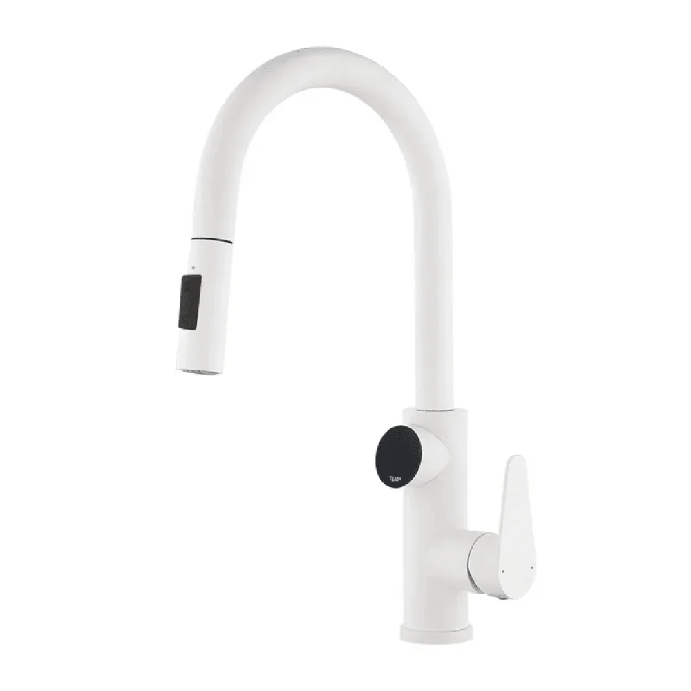 Single Handle White Kitchen Tap With Pull Down Sprayer & Temperature Display -Bathlova