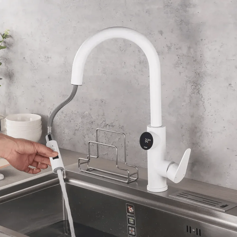 Single Handle White Kitchen Tap With Pull Down Sprayer & Temperature Display -Bathlova