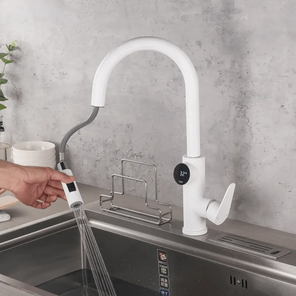 Single Handle White Kitchen Tap With Pull Down Sprayer & Temperature Display -Bathlova