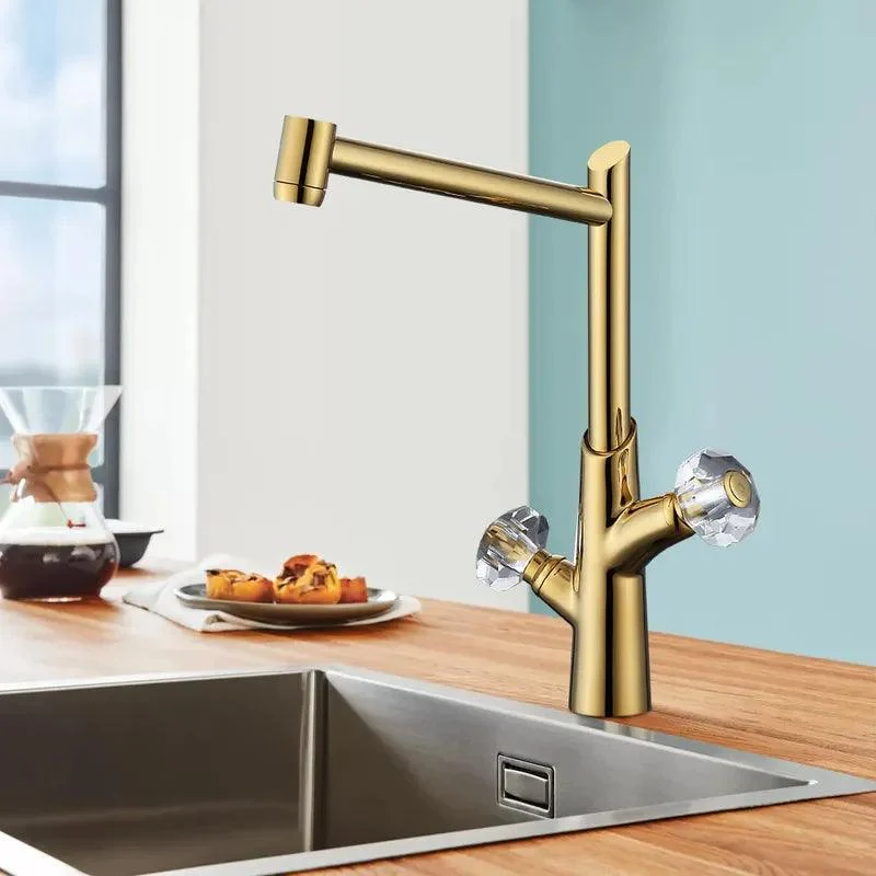 Solid Brass Double Crystal Handle Kitchen Tap Brushed in Gold -Bathlova