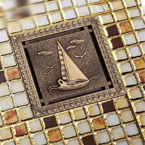 Square 4" Brass Antique Floor Drain Cover Strainer Bathroom Bath Accessory Art Carved -Bathlova