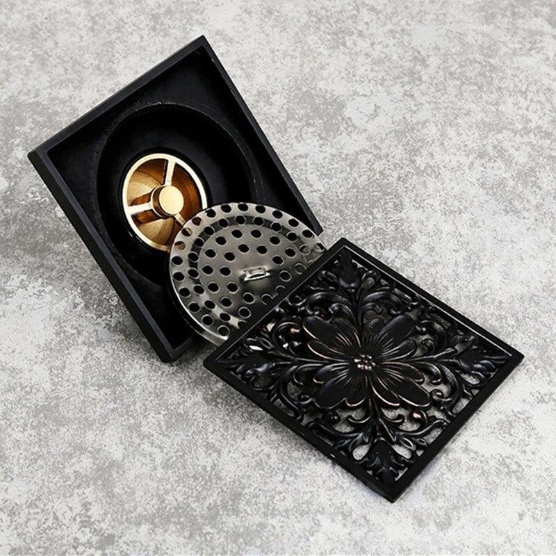 Square Black Brass Shower Drain Strainer Floor Cover Bathroom Drain -Bathlova