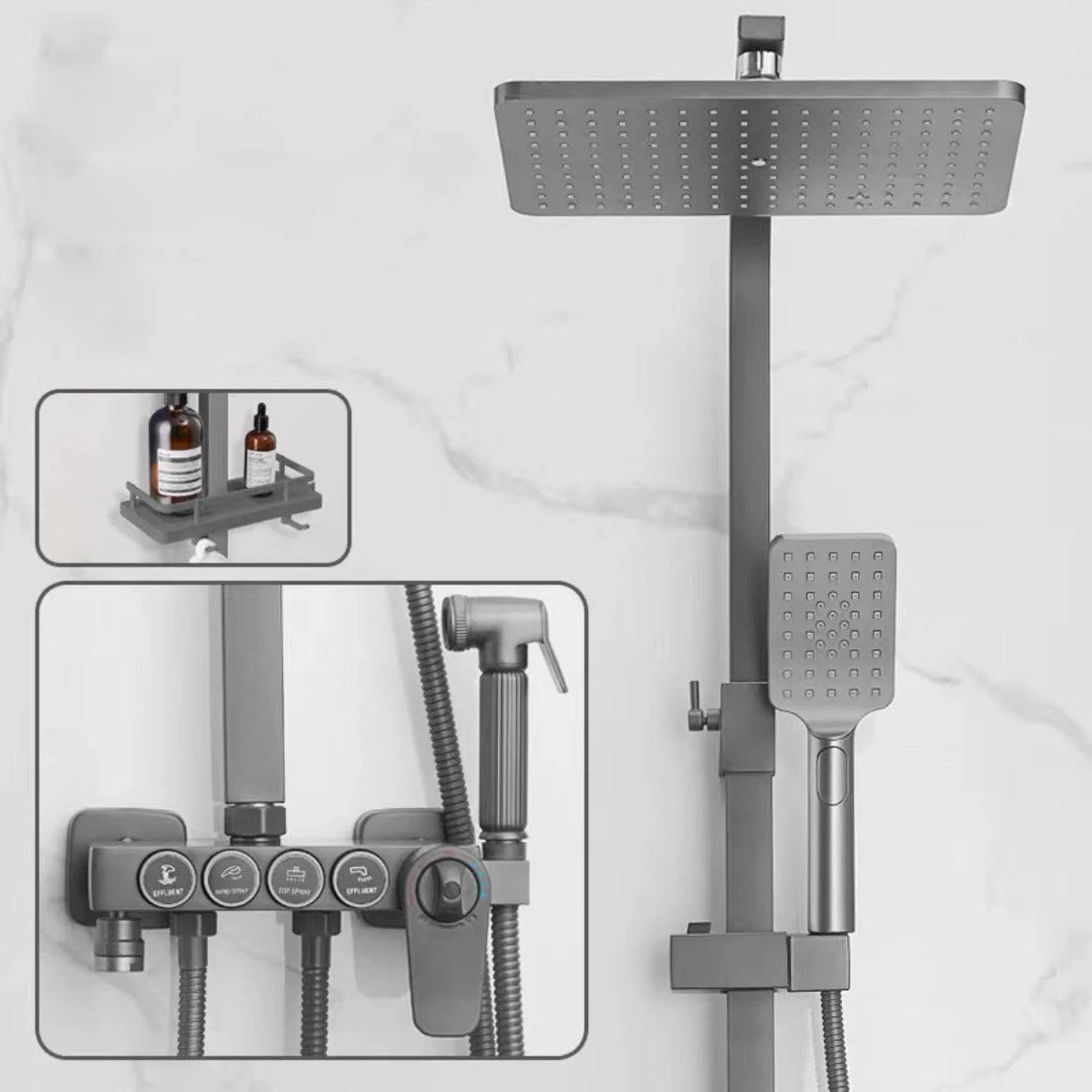 Square Metal Shower System Volume Control Dual Shower Head Shower Tap with Shower Arm -Bathlova