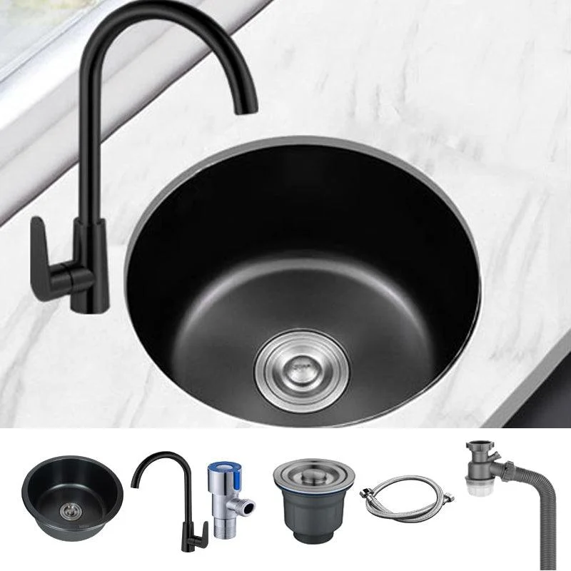 Stainless Steel Round Sink in Black Single Bowl Undermount Sink with Basket Strainer -Bathlova