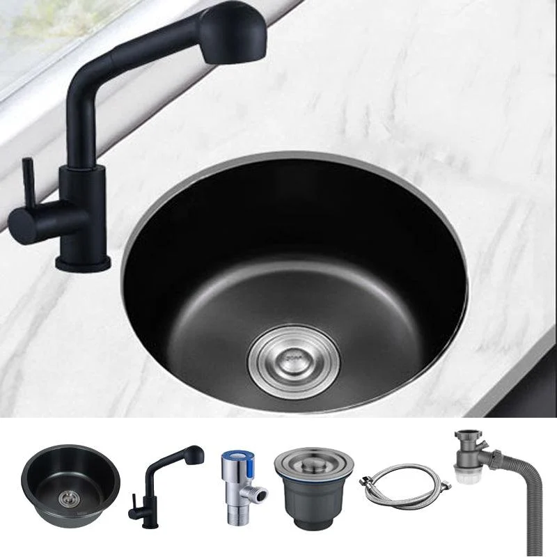 Stainless Steel Round Sink in Black Single Bowl Undermount Sink with Basket Strainer -Bathlova