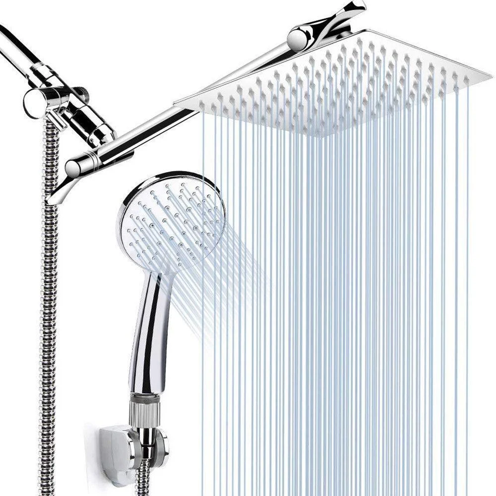 Standard Double Shower Set Round Metal Adjustable Spray Pattern Showerhead in Silver -Bathlova