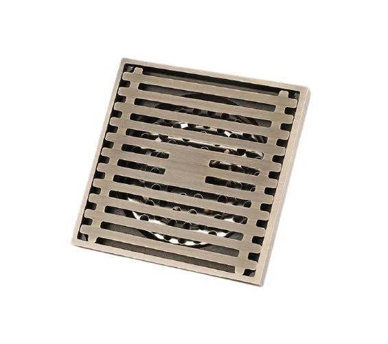 Stripe Antique Brass Square Art Carved Floor Drain -Bathlova