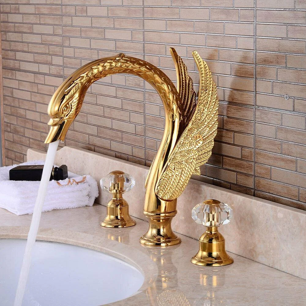 Swan Shape Basin Tap Dual Crystal Handle Deck Mount Bathroom Mixer Tap -Bathlova