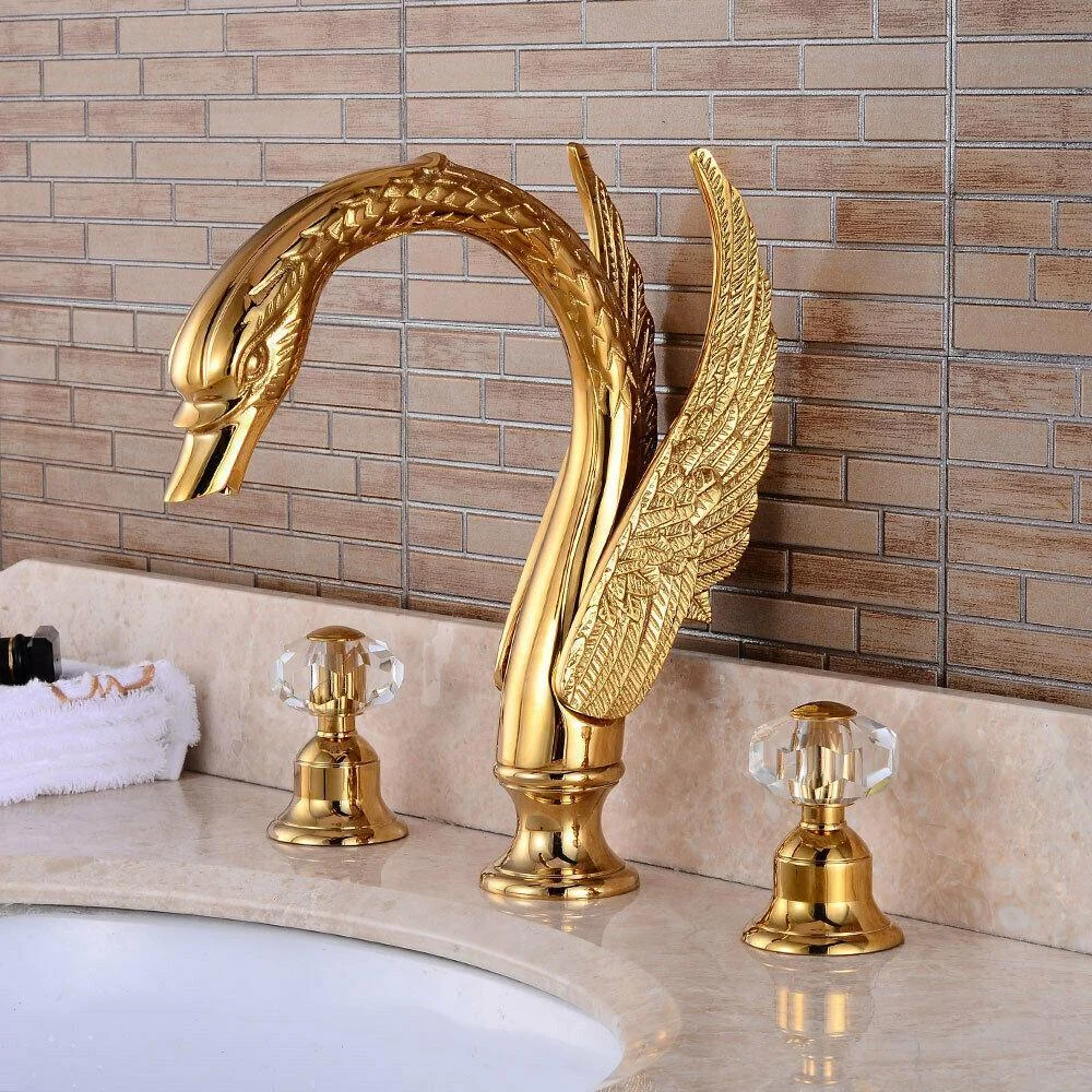 Swan Shape Basin Tap Dual Crystal Handle Deck Mount Bathroom Mixer Tap -Bathlova