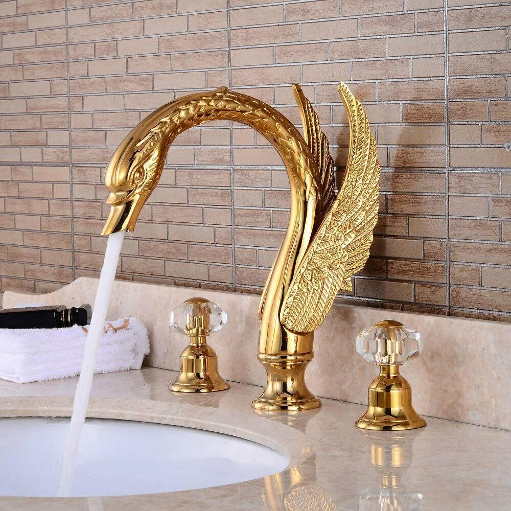 Swan Shape Basin Tap Dual Crystal Handle Deck Mount Bathroom Mixer Tap -Bathlova