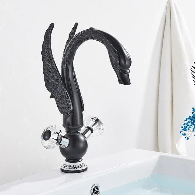 Swan Shape Bathroom Tap Deck Mount Hot Cold Water Dual Handle Mixer -Bathlova