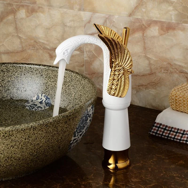 Swan Shaped Golden & White Single Handle Countertop Basin Tap -Bathlova