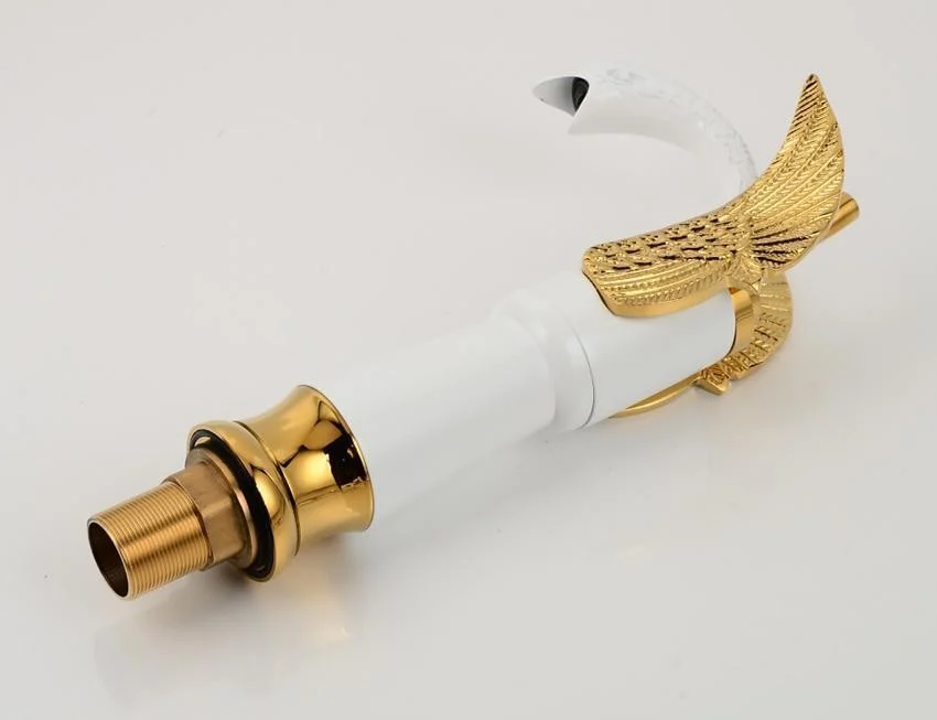 Swan Shaped Golden & White Single Handle Countertop Basin Tap -Bathlova