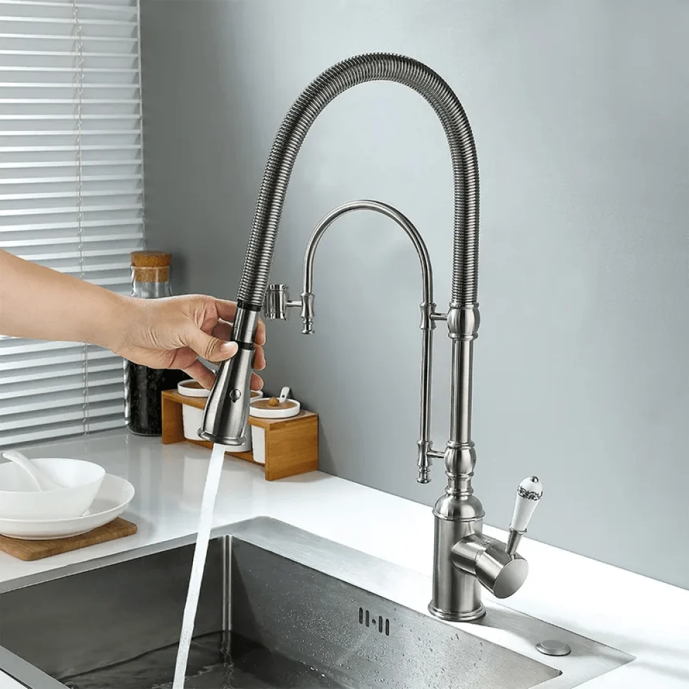 Swirling Dual-Mode Pull-Down Kitchen Tap with Porcelain Handle -Bathlova