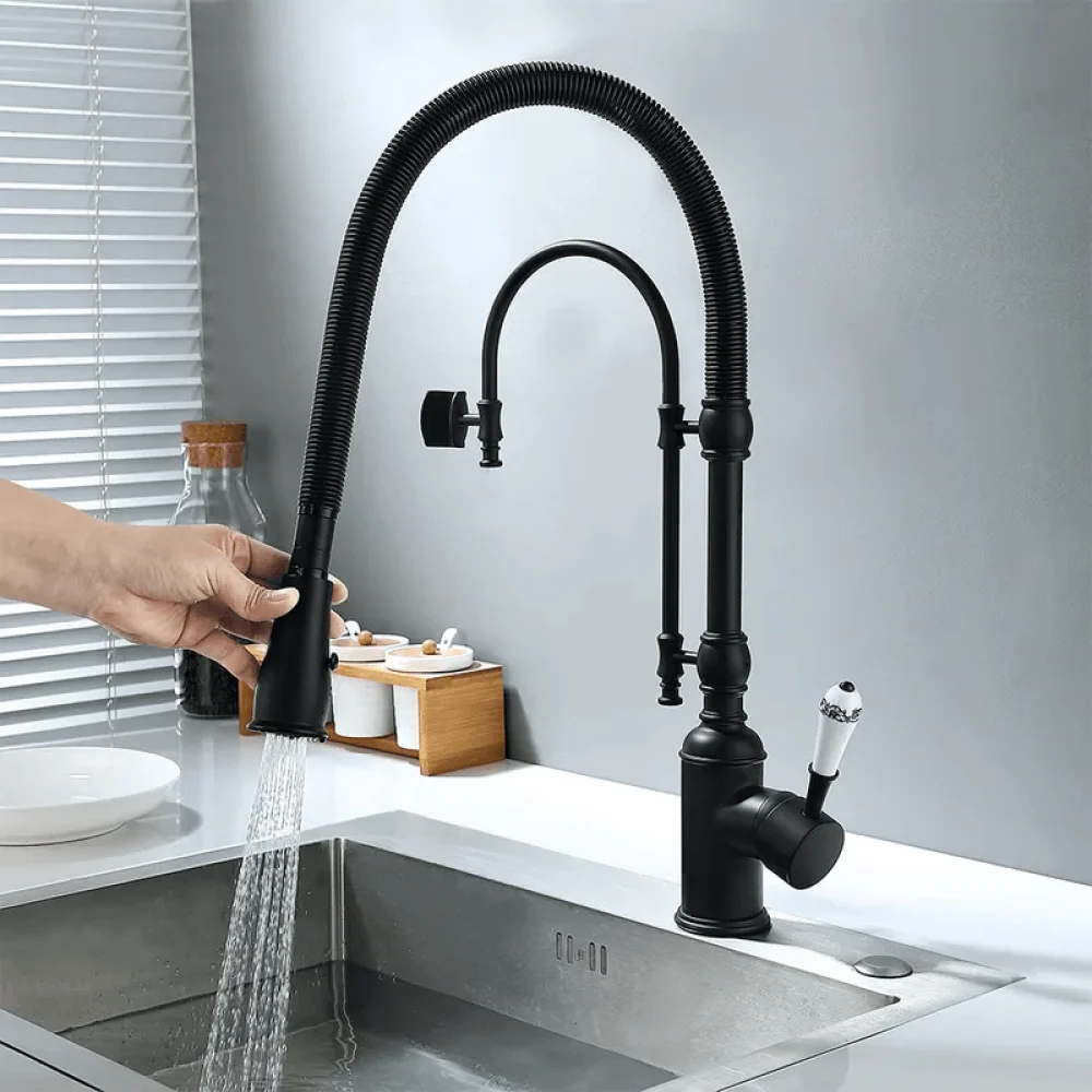 Swirling Dual-Mode Pull-Down Kitchen Tap with Porcelain Handle -Bathlova