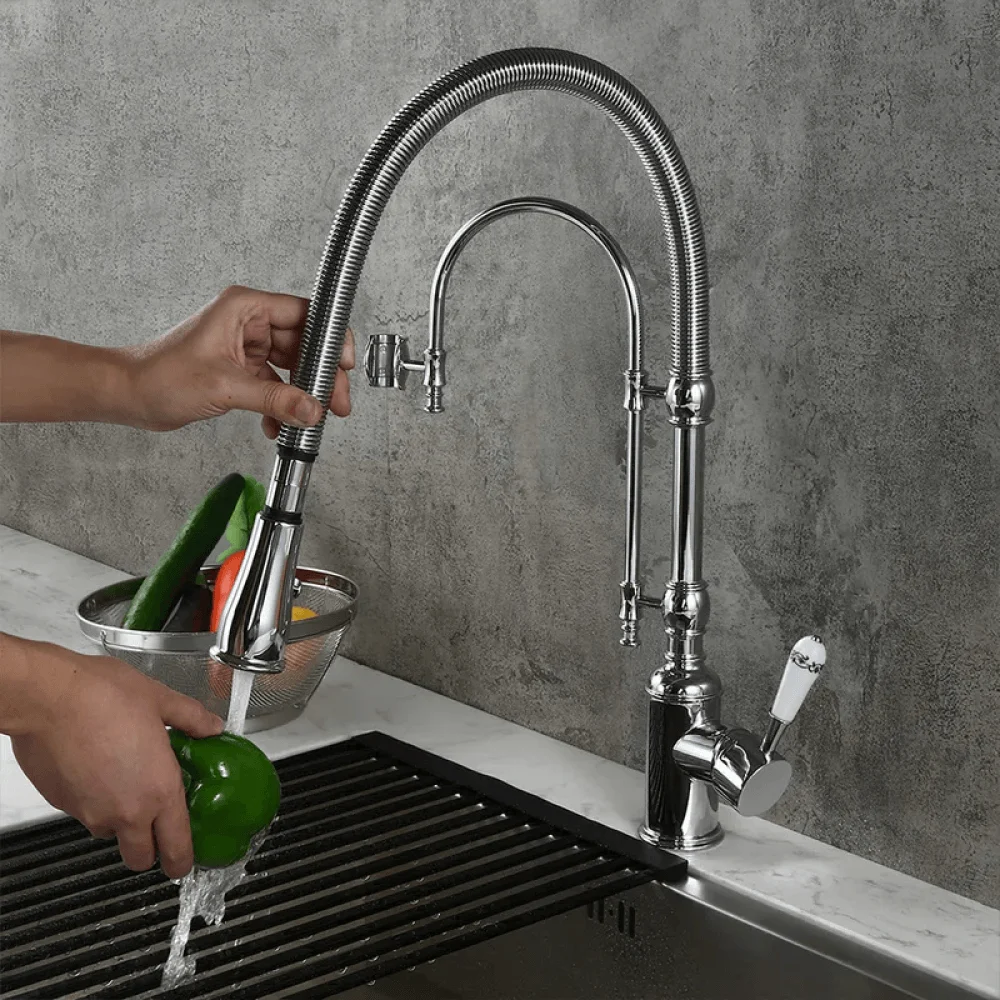 Swirling Dual-Mode Pull-Down Kitchen Tap with Porcelain Handle -Bathlova