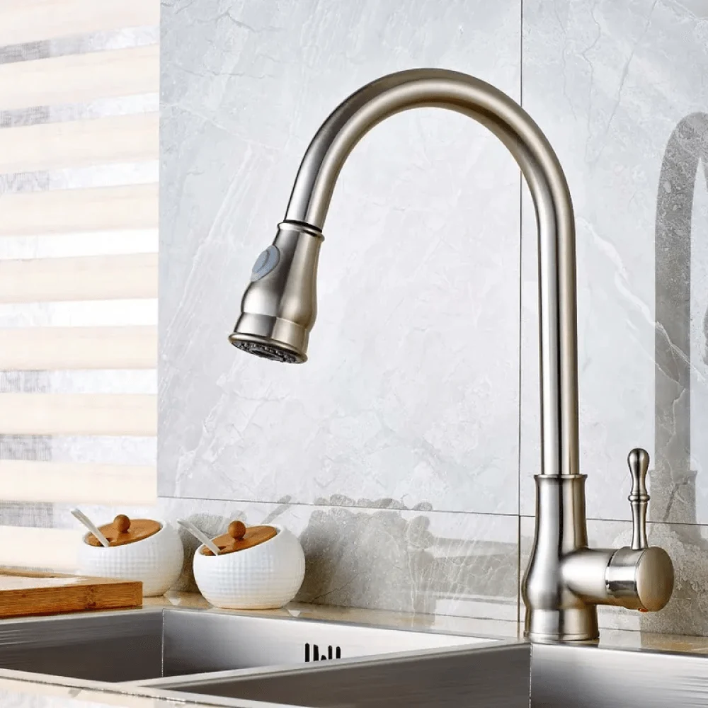 Swirling Spout Pullout Spray Kitchen Tap in Brushed Nickel -Bathlova