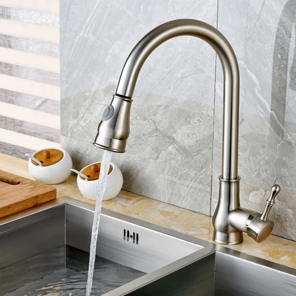 Swirling Spout Pullout Spray Kitchen Tap in Brushed Nickel -Bathlova