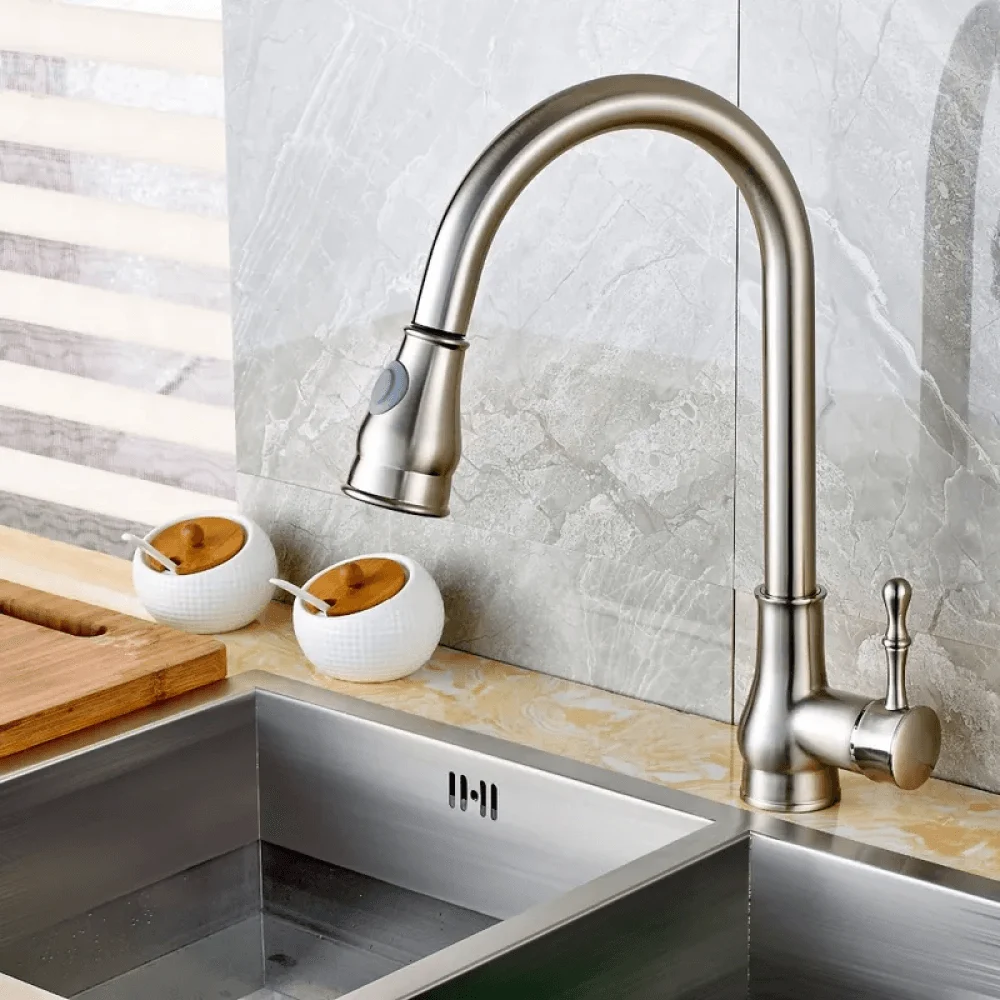 Swirling Spout Pullout Spray Kitchen Tap in Brushed Nickel -Bathlova