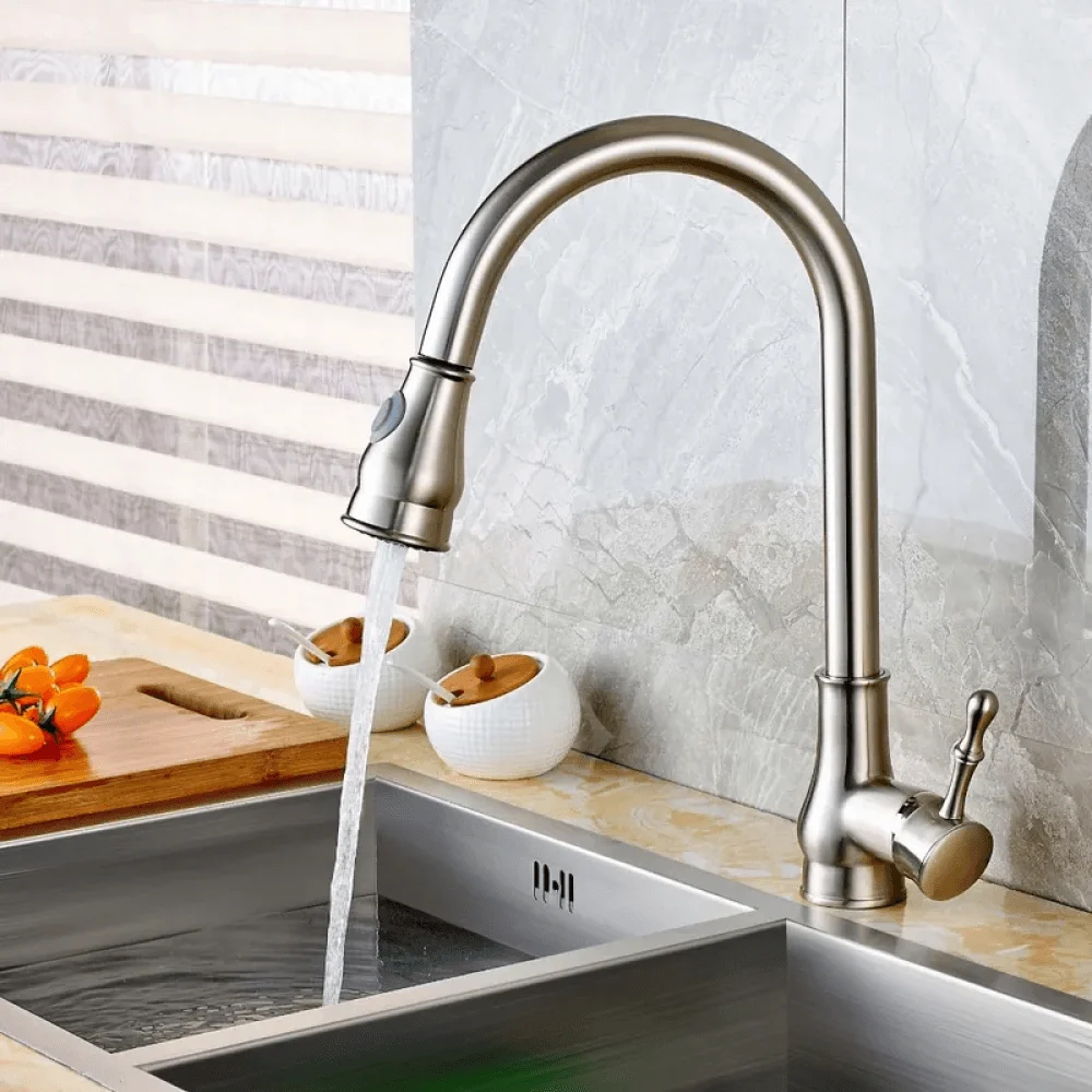 Swirling Spout Pullout Spray Kitchen Tap in Brushed Nickel -Bathlova