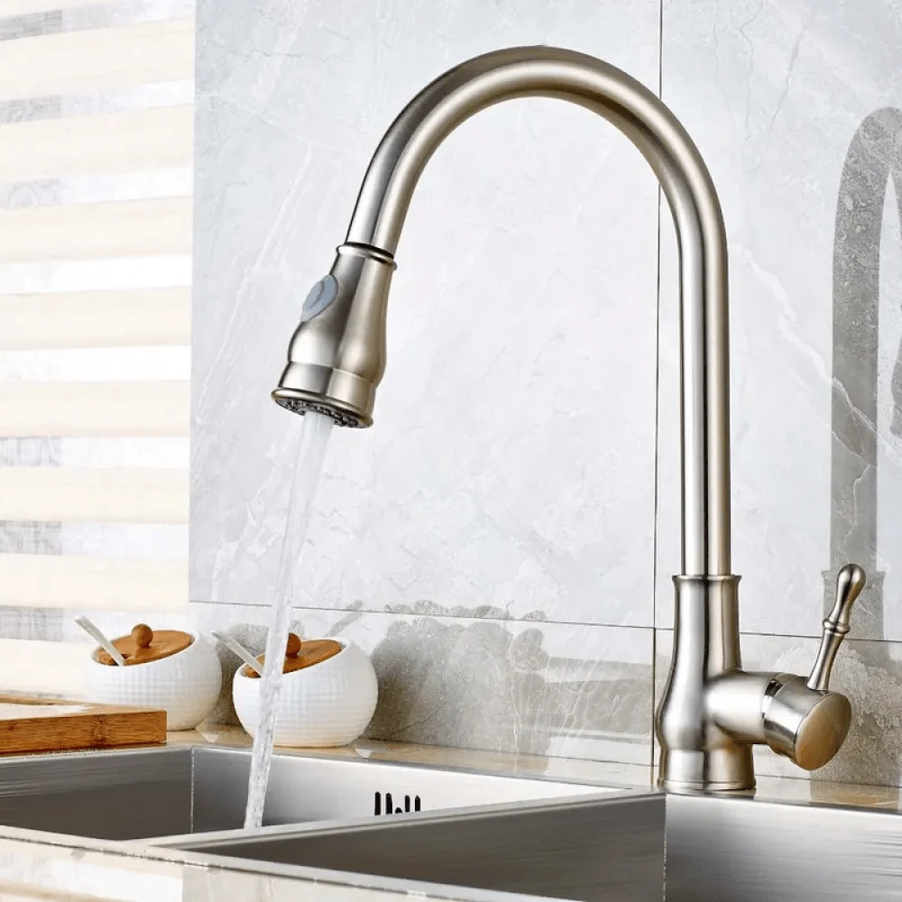 Swirling Spout Pullout Spray Kitchen Tap in Brushed Nickel -Bathlova