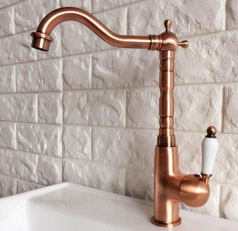 Swivel Spout Antique Red Copper Single Handle Bathroom Tap -Bathlova