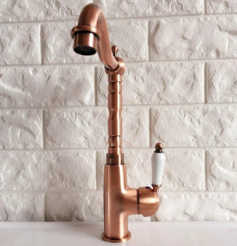 Swivel Spout Antique Red Copper Single Handle Bathroom Tap -Bathlova