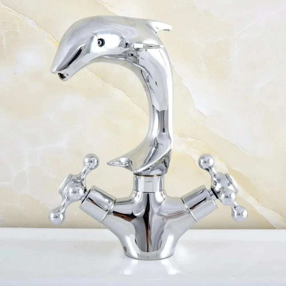 Swivel Spout Dual Cross Handles Dolphin Style Kitchen Sink Tap -Bathlova