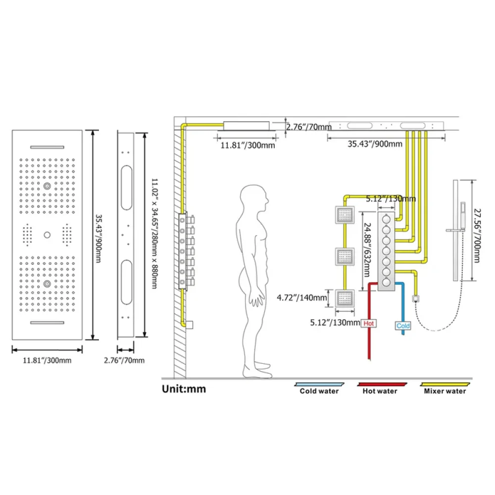 Thermostatic 6 Functions Rain Shower System - Massage Music Remote Controlled LED -Bathlova