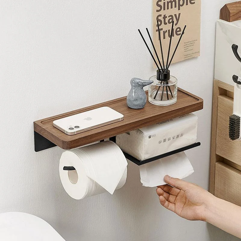 Toilet Paper Holder with Black Walnut Shelf for Bathroom Tissue Holder -Bathlova