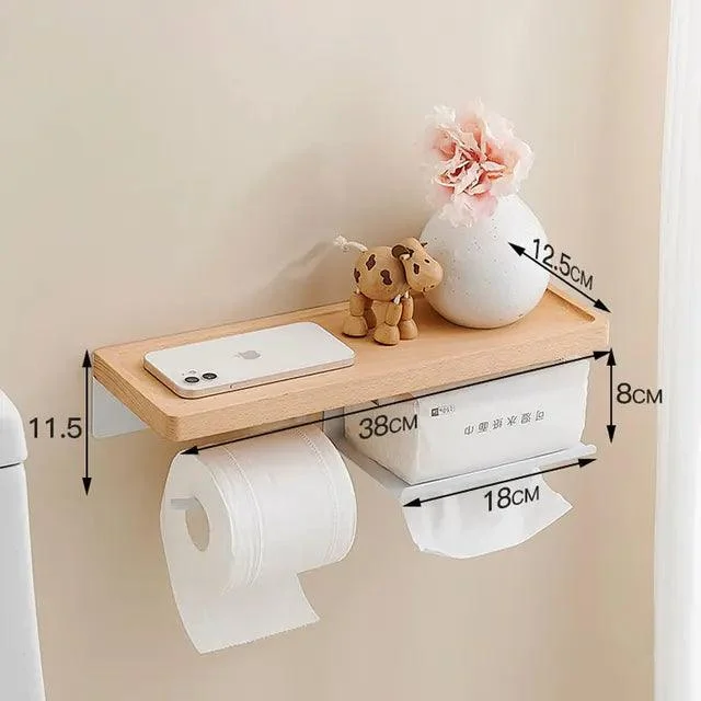 Toilet Paper Holder with Black Walnut Shelf for Bathroom Tissue Holder -Bathlova