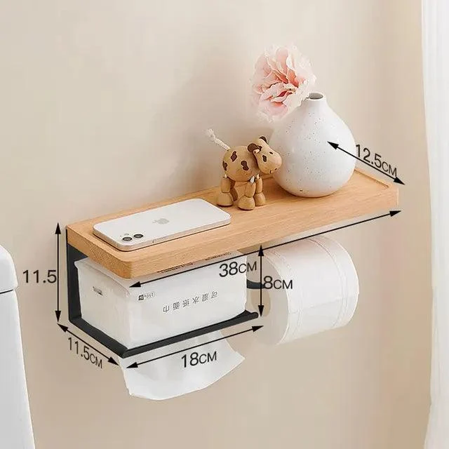 Toilet Paper Holder with Black Walnut Shelf for Bathroom Tissue Holder -Bathlova