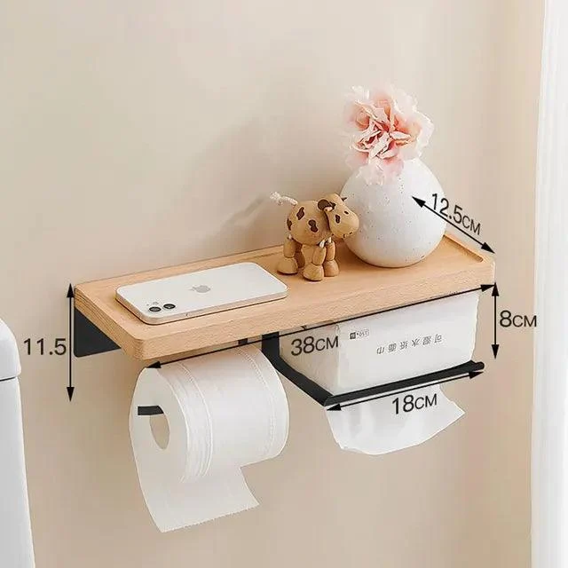 Toilet Paper Holder with Black Walnut Shelf for Bathroom Tissue Holder -Bathlova