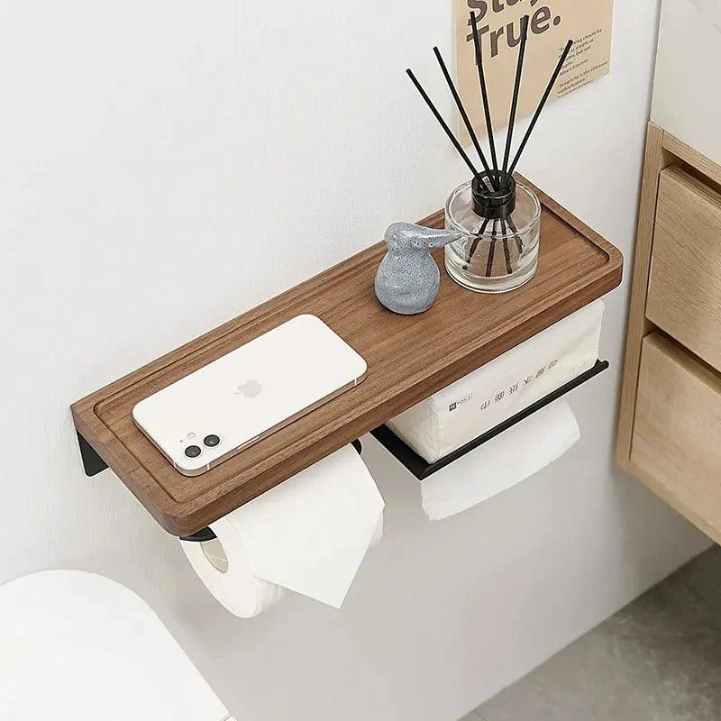 Toilet Paper Holder with Black Walnut Shelf for Bathroom Tissue Holder -Bathlova