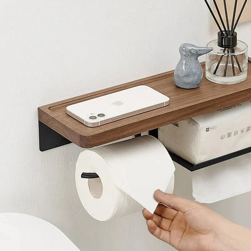 Toilet Paper Holder with Black Walnut Shelf for Bathroom Tissue Holder -Bathlova