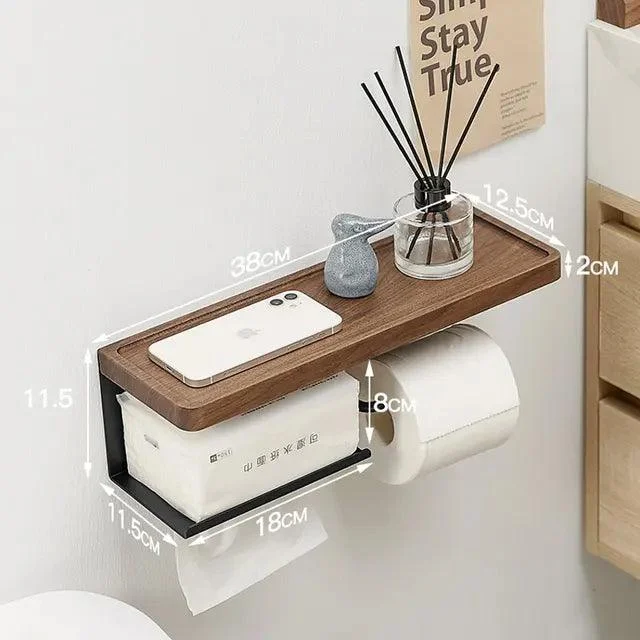 Toilet Paper Holder with Black Walnut Shelf for Bathroom Tissue Holder -Bathlova