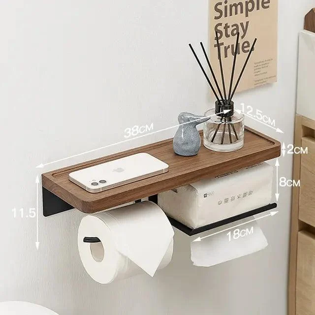 Toilet Paper Holder with Black Walnut Shelf for Bathroom Tissue Holder -Bathlova