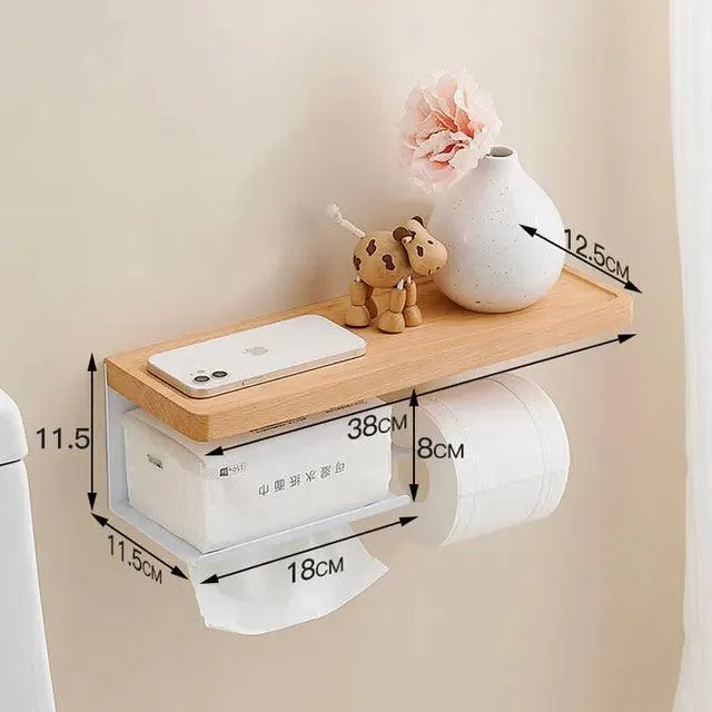 Toilet Paper Holder with Black Walnut Shelf for Bathroom Tissue Holder -Bathlova