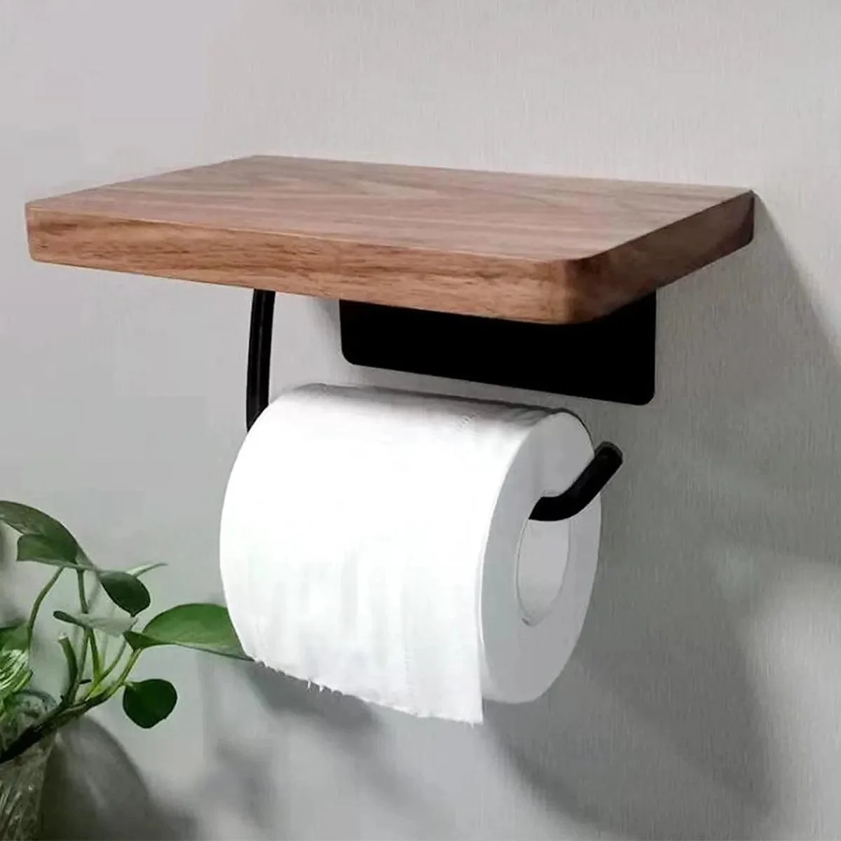 Toilet Paper Holder with Natural Walnut Wooden Shelf Tissue Roll Hanger -Bathlova