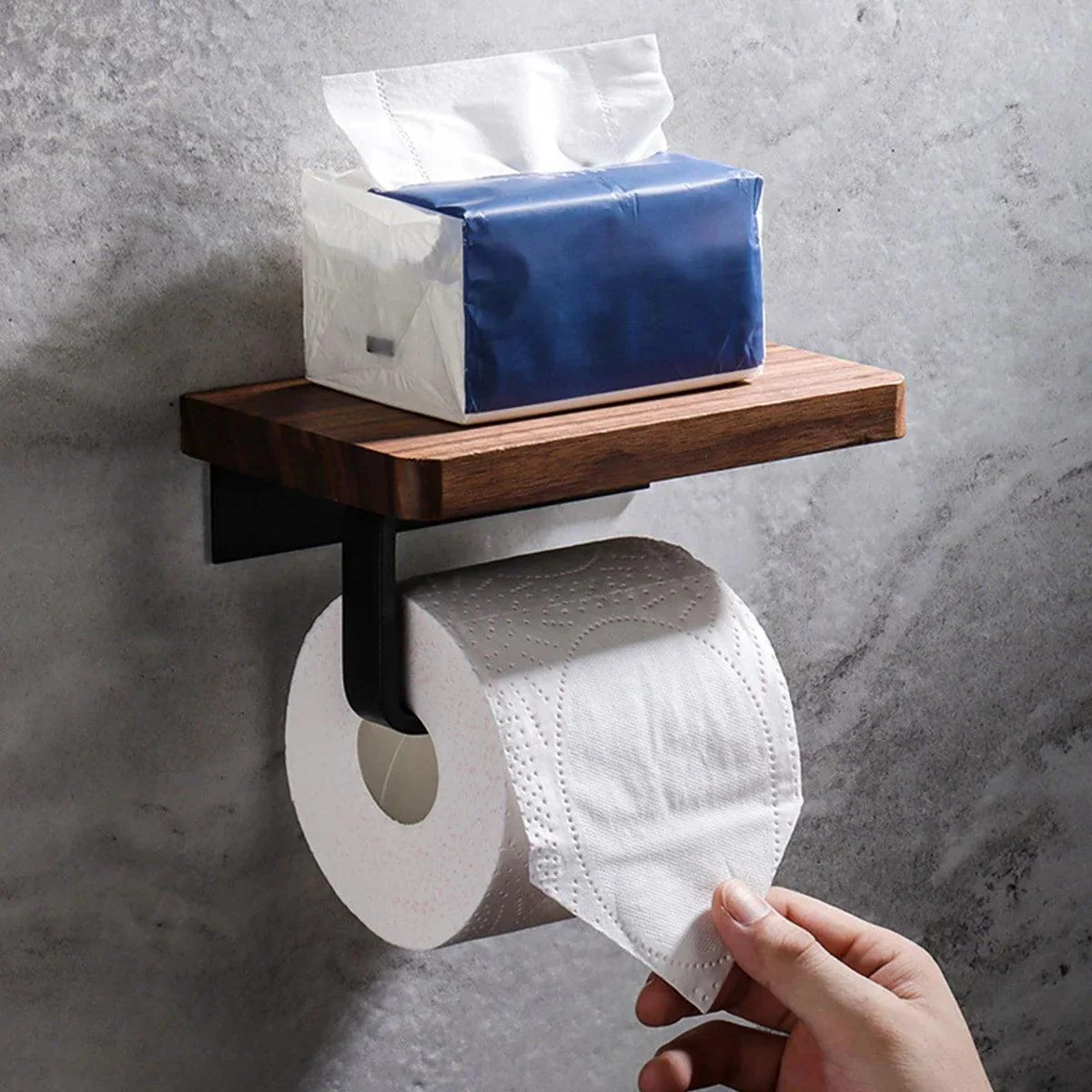 Toilet Paper Holder with Natural Walnut Wooden Shelf Tissue Roll Hanger -Bathlova